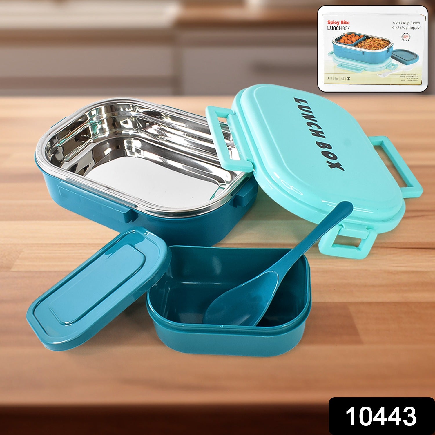 3 In 1 Spicy Bite Stainless Steel Lunch Box With Plastic Small Box  Spoon (1 Set) 3 In 1 Spicy Bite Stainless Steel Lunch Box With Plastic Small Box  Spoon (1 Set)